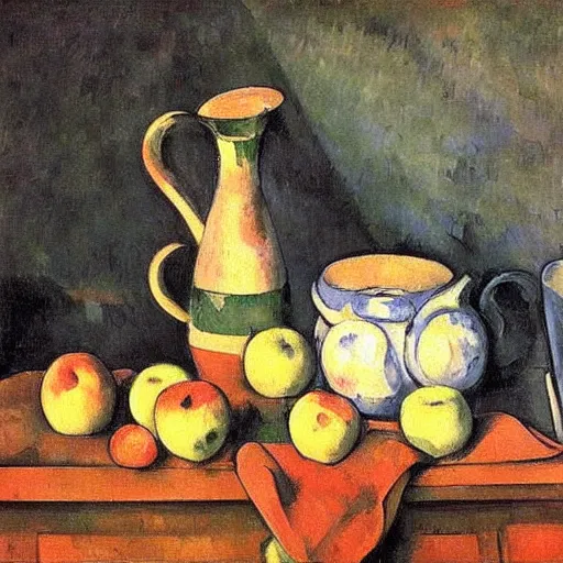 Prompt: still life with apples cup and pitcher by paul cezanne,