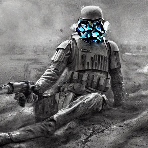 Prompt: war photography, the falling soldier, an imperial stormtrooper hit by blaster fire, exact moment of death frozen in time, zeroes in on the instant of death forever anticipated in the painting, etched into the public's mind, groundbreaking, breathtaking, awardwinning, by robert capa, digital intricate art, hyperrealistic, detailed picture, 8 k, high resolution