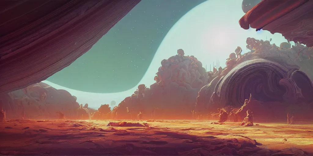 Prompt: pilgrimage to saturn, a highly detailed cinematic oil painting by roger dean and alena aenami, dynamic lighting
