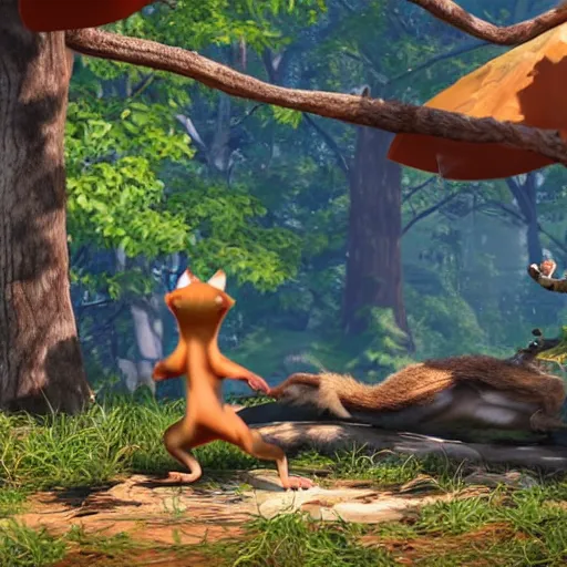 Image similar to screenshot of animal fighting game on ps 4, squirrel vs lizard, unreal engine,