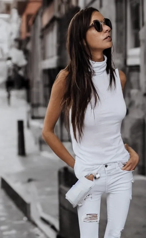 Image similar to Woman in White Sleeveless turtleneck t-shirt and jeans