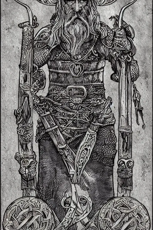 Prompt: tarot card, viking style, medieval concept art, intricate illustration, detailed