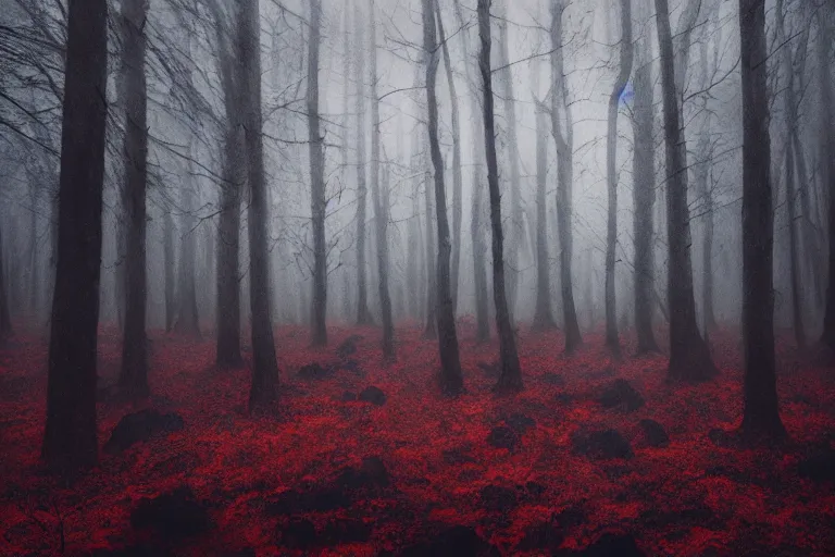 Image similar to deep dark moody forest, red fog on the ground, bleak. big stones, dark mood. mysterious. doom. realistic painting. photobashing, matte painting, highly detailed, autumn, cinematic, hyperralistic, artstation