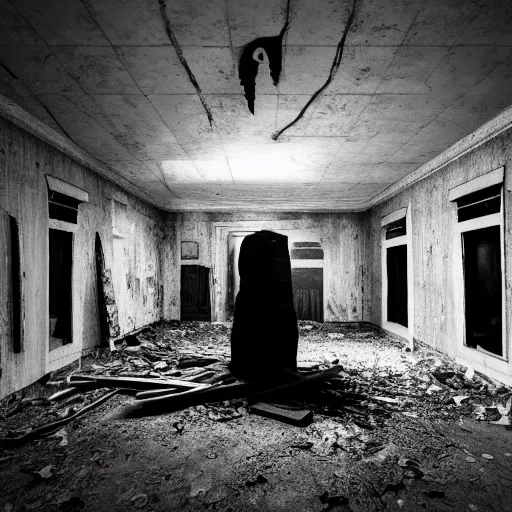 Image similar to night vision footage of inside an abandoned lodge with a tall skinny figure standing in the middle of the room, black and white, realistic, photoreal, dramatic, creepy, 8k