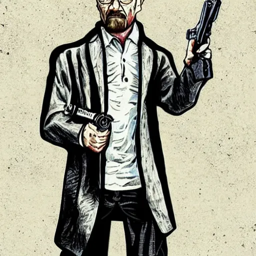 Prompt: walter white as a detective holding a pistol against a murderer that spilled the case in the first place, vintage art style