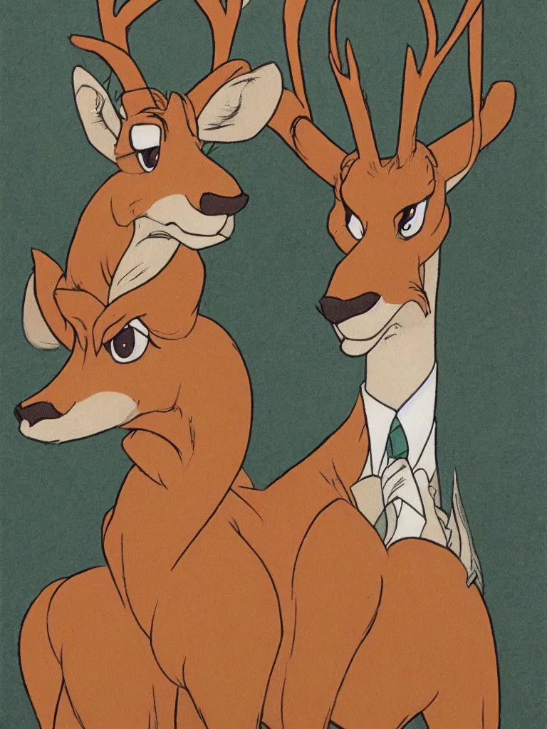 Image similar to a portrait of a male deer in suit, by Don Bluth