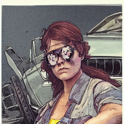 Image similar to “illustration of a tough looking woman sitting in a junkyard. Overalls and tools . Science fiction. Art by Mœbius. Character portrait. Character design. Concept art. Detailed face.”