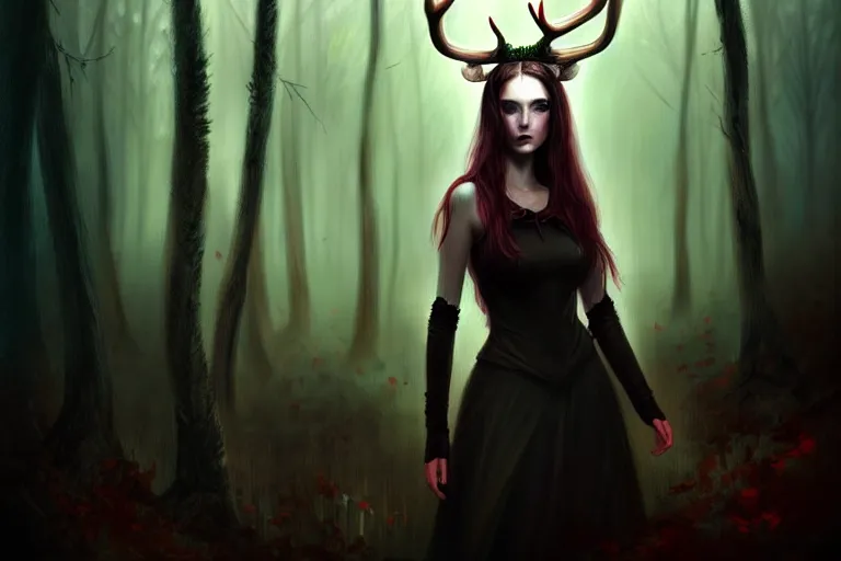 Prompt: a portrait of a girl with antlers in a forest at night, dark, gothic, fantasy, portrait, figurativism, muted colors, digital painting in the style of bastien lecouffe - deharme, trending on artstation, detailed