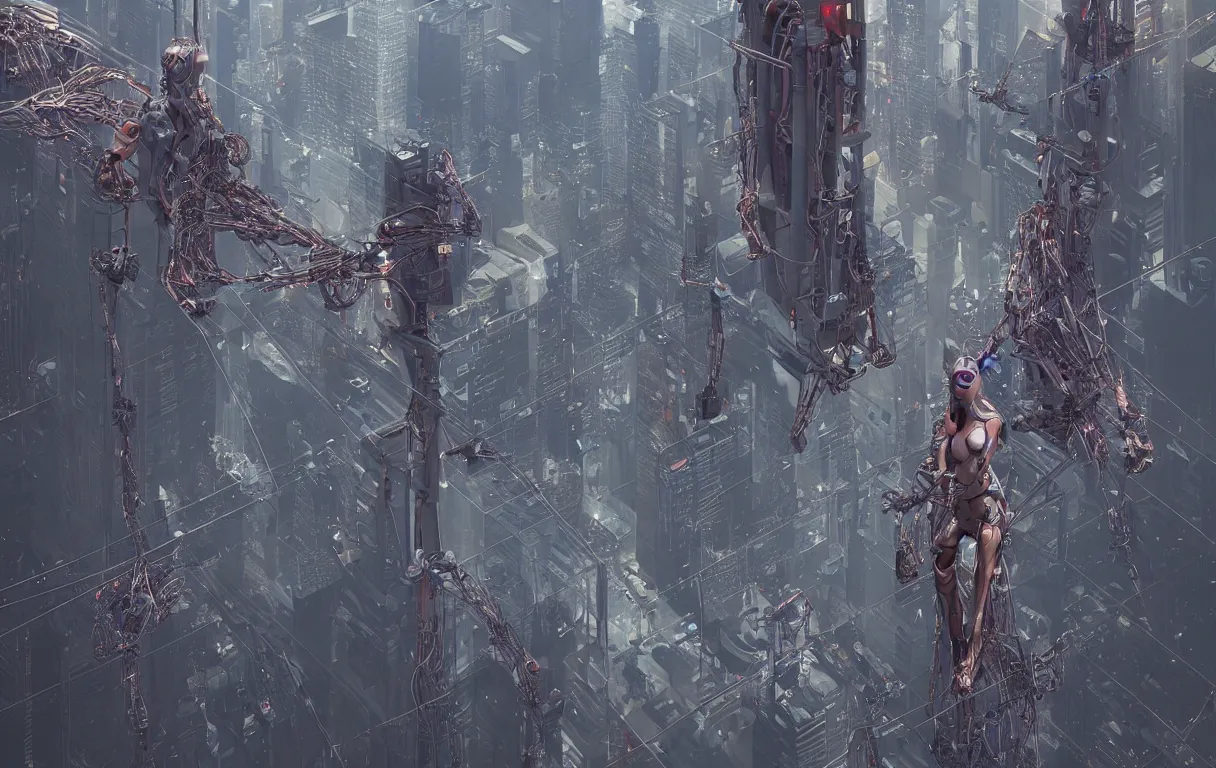Image similar to award winning poster design of a crucified gargantuan female biomorphic cyborg queen connected by intricate technological wires to a futuristic new york city, by jean moebius giraud, beeple, greg rutkowski. octane render.