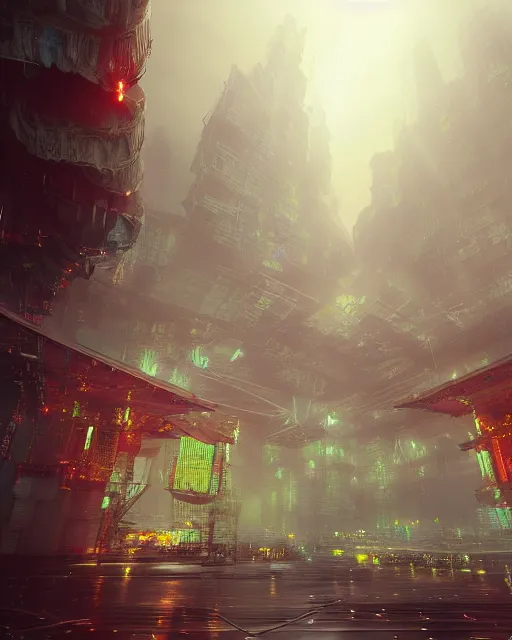 Image similar to fantasy buddhist cyber punk temple in the style of andree wallin, vitaly bulgarov, ambient lighting, octane render