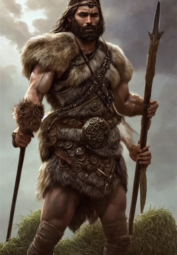 Image similar to full body portrait of a gruff ranger with a spear, wolf pelt on his head, muscular, handsome face, hairy body, D&D, fantasy, intricate, elegant, highly detailed, digital painting, artstation, concept art, matte, sharp focus, illustration, art by Artgerm and Greg Rutkowski and Alphonse Mucha