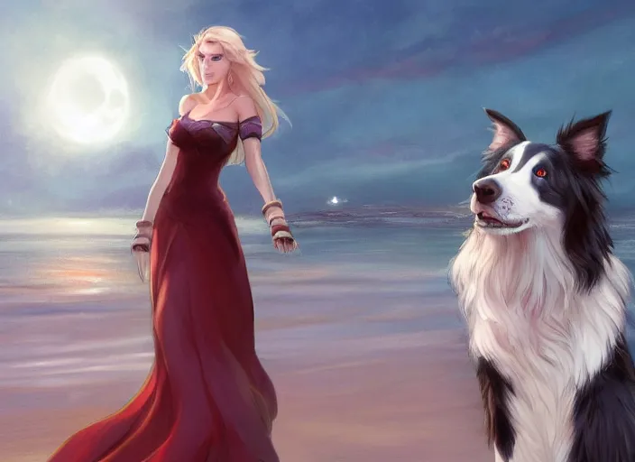 Image similar to wide angle beautiful full body portrait of a strong male anthropomorphic anthro border collie fursona in an evening gown on a pier at night, character design by charlie bowater, henry asencio, and ross tran, disney, detailed, sharp focus, matte, aesthetic, trending on artstation, furaffinity, deviantart