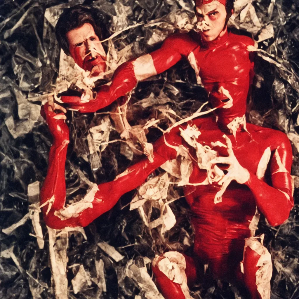 Image similar to a movie still of plasticman hybrid by walerian borowczyk, by john carpenter, by david cronenberg, portrait, heavy grain, technicolor, high definition, remastered, 3 5 mm, portrait, cinematic lightning, argentic, scratches, old, torned up