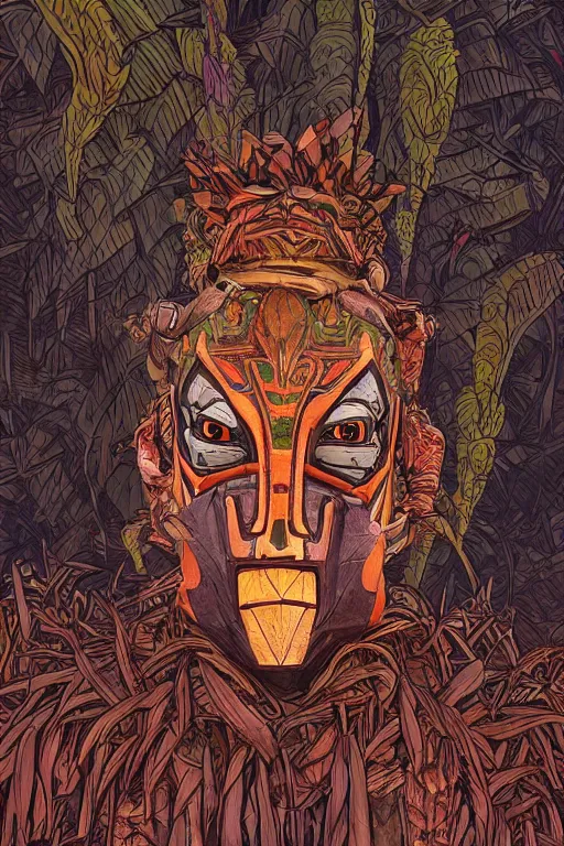 Image similar to totem animal tribal vodoo mask feather gemstone plant global illumination ray tracing hdr that looks like it is from borderlands and by feng zhu and loish and laurie greasley, victo ngai, andreas rocha, john harris