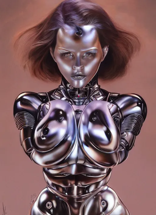 Image similar to beautiful female chrome robo, portrait by hagime sorayama and gerald brom, colorul, extreme detail, reflections, trending on artstation, 8 k