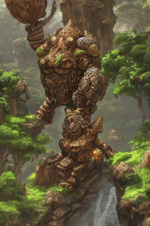 Image similar to zelda fantasy art giant golem troll wood rock greeble gemstone, global illumination ray tracing hdr fanart arstation by sung choi and eric pfeiffer and gabriel garza and casper konefal