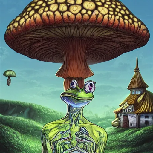 Image similar to A centered chest up portrait of a scary psychedelic godlike anthropomorphic frog smoking tobacco , magic mushroom village in background . award winning. superb resolution. in the art style of junji Ito and greg rutkowski . Detailed Mushroom city in background. Hyper realistic anime. Perfect art. Dalle2