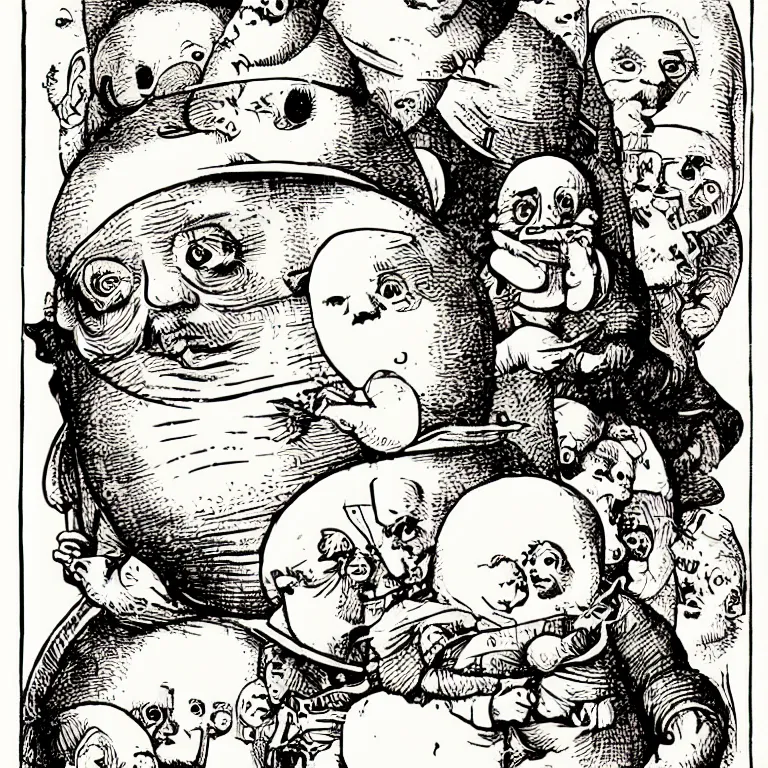 Image similar to vector graphic sticker design, humpty dumpty by hieronymus bosch, kim jung gi