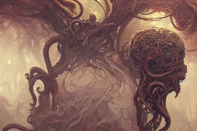 Image similar to a lovecraftian painting of cthulhu face of cosmic horror, cosmic horror elements, ultra realistic, concept art, intricate details, eerie, highly detailed, photorealistic, octane render, 8 k, unreal engine. art by artgerm and greg rutkowski and alphonse mucha