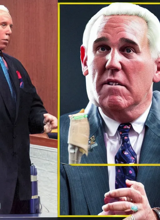 Prompt: old alex jones on the stand in court by lisa frank small roger stone