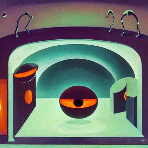 Image similar to three biomorphic robotic seers watchers oracles soothsayers with glowing eyes, inside a dome, pj crook, grant wood, edward hopper, syd mead, chiaroscuro, oil on canvas