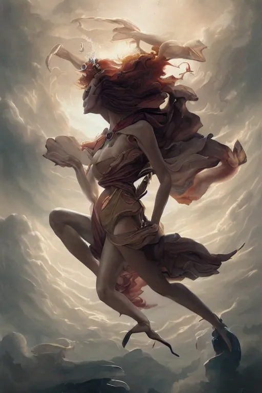 Image similar to sorceress falling through the sky, by peter mohrbacher, artgerm, karol bak, loish, ayami kojima, james stokoe, highly detailed, ultra detailed, ultra realistic, trending on artstation