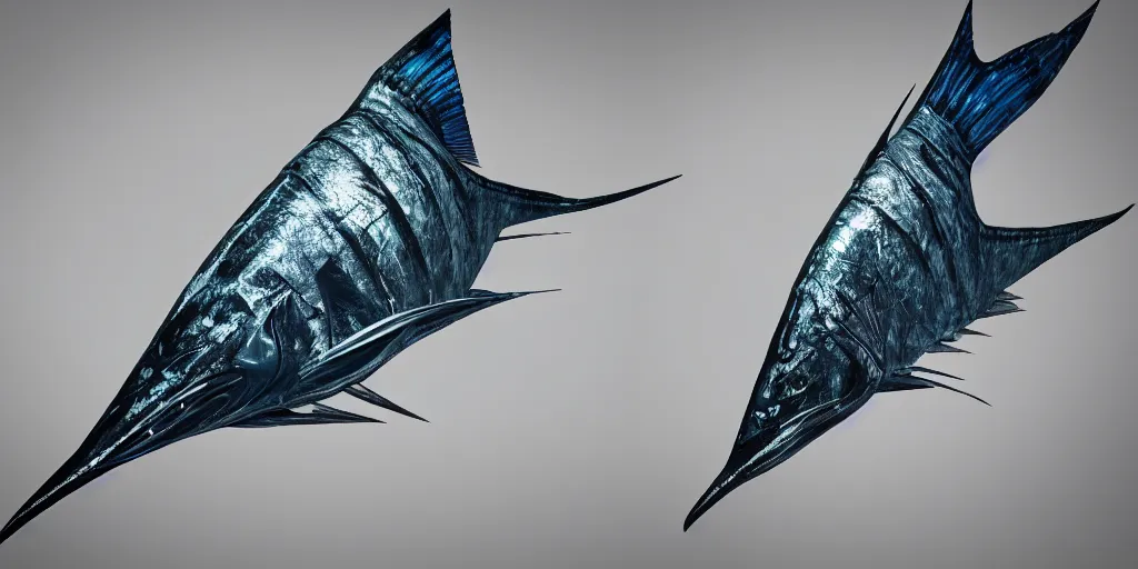 Image similar to sailfish, stylized layered textures, long flowing fins, bioluminescent orbs, 3 d render, substance painter, glowing eye, smooth, sharp focus, art by h r giger