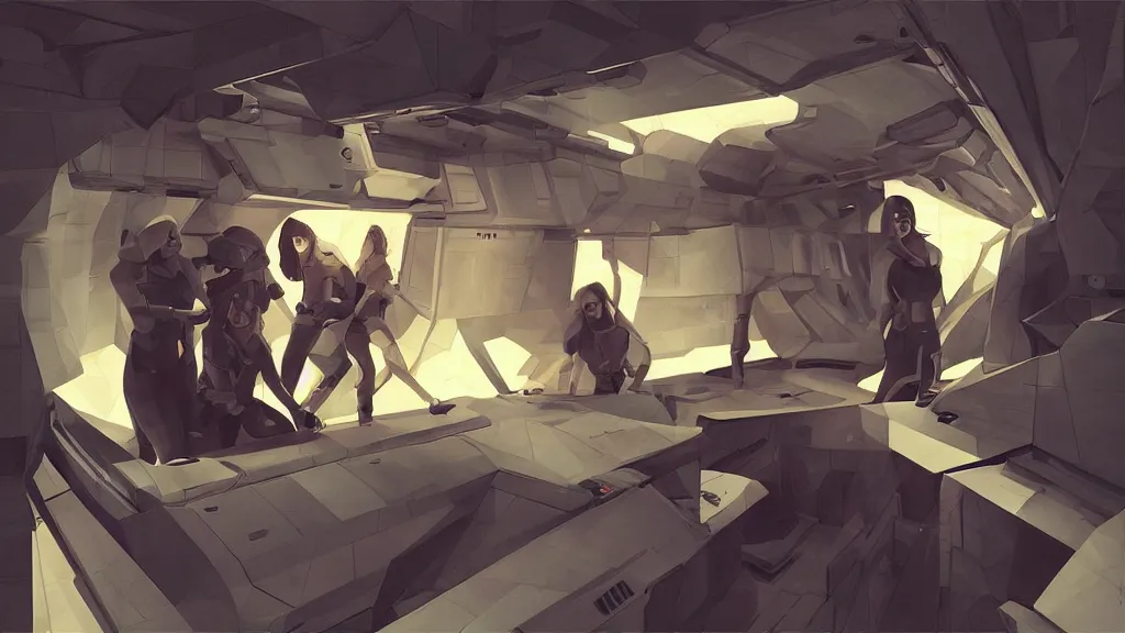 Image similar to all - female crew in a minimalistic, dark ( spaceship ), by jon foster, low poly.