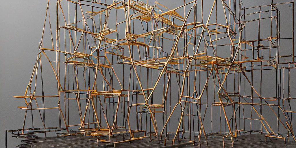 Prompt: painting of a small convoluted scaffolding sculpture made with steel and metal, wood planks, rock details joints, cinder blocks, bright construction materials, ratchet straps, photorealistic, studio lighting, product photography, high octane, higly detailed, made with unreal engine, painting by yves tanguy, by nate boyce, sculpted by david smith, by kay sage