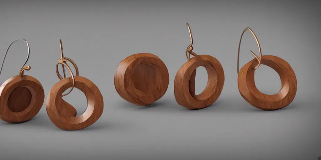 Prompt: earring design, jewelry design, wood, nordic, material, product design, trending on artstation, cgsociety, photo realistic, design by ziva cph and isabel lennse, 8 k, unreal engine, c 4 d