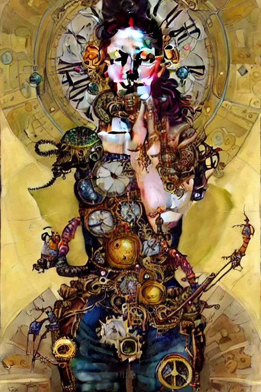 Prompt: beautiful portrait of a steampunk girl wearing a detailed armour of multicolored jewels with gold bugs and beetles , huge mechanical clocks, gold plated vegetation, intricate details, realistic shaded , steampunk, cyberpunk, highly detailed, artstation, illustration by alphonse mucha and Greg Rutkowski, art nouveau