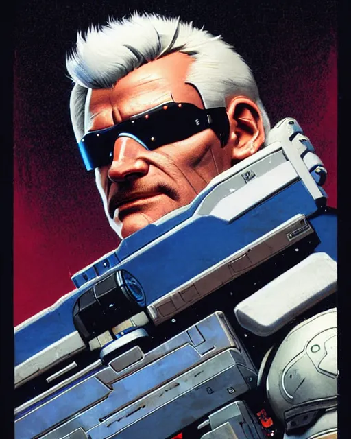 Prompt: soldier 7 6 from overwatch, white hair, character portrait, portrait, close up, concept art, intricate details, highly detailed, vintage sci - fi poster, retro future, in the style of chris foss, rodger dean, moebius, michael whelan, and gustave dore