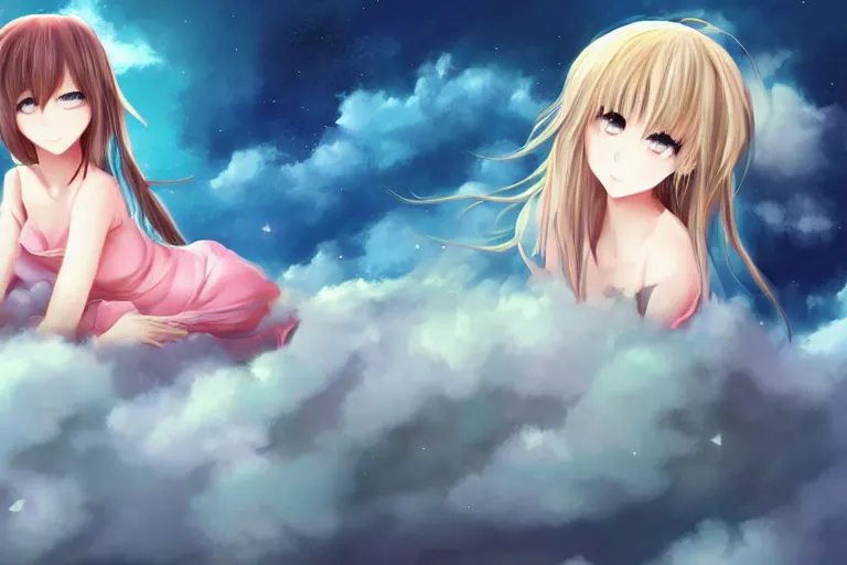 KREA - a cute beautiful anime girl sitting on a cloud relaxing