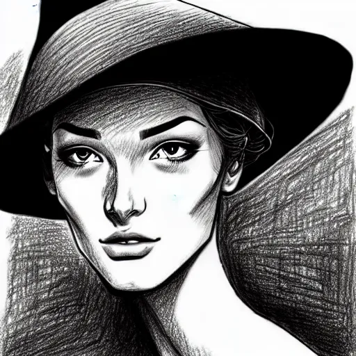 Image similar to drawing portrait of beautiful gorgeous woman with hat by Moebius science fiction