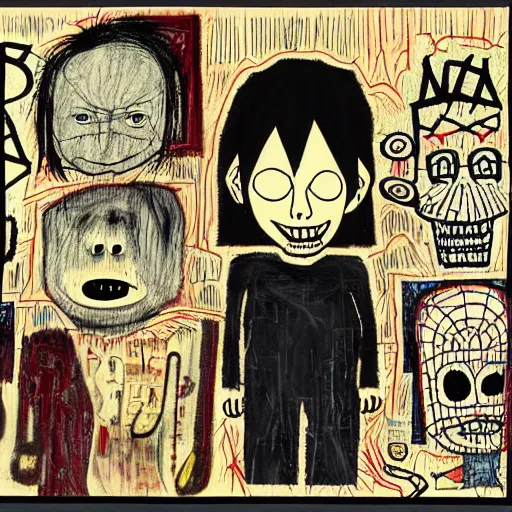 Image similar to Radiohead Amnesiac by Jhonen Vasquez and Basquiat and Hieronymous Bosch and Edward Gorey and Tim Burton, trending on artstation, highly detailed,8k