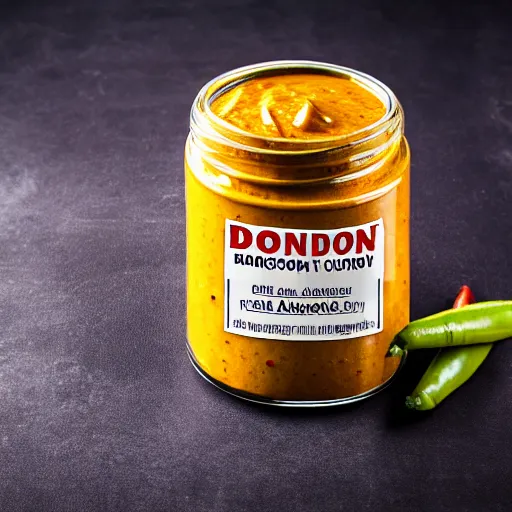Prompt: Jar of Don Johnson's curry sauce, professional lighting, marketing photo advert, 8k