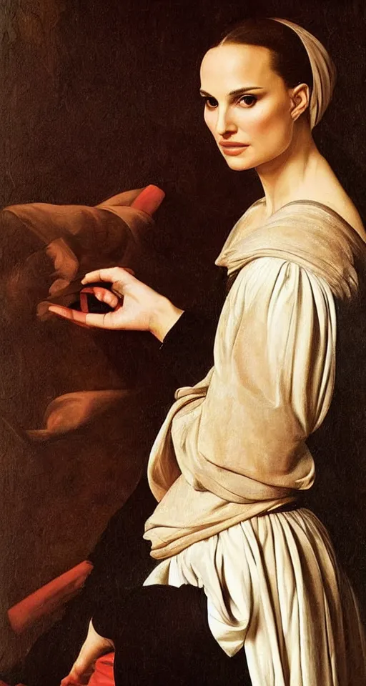 Image similar to a portrait of a Natalie Portman , beautiful clothes, oil painting in a renaissance style , very detailed, painted by Caravaggio.