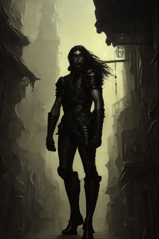 Prompt: portrait of a muscular thief wearing black leather armor in a dark alleyway, fantasy, intricate, elegant, highly detailed, digital painting, artstation, concept art, matte, sharp focus, illustration, art by aenaluck and roberto ferri and greg rutkowski, epic fantasy, moody, dark mood, digital painting