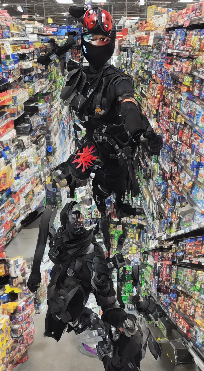 Prompt: cyborg ninja in walmart