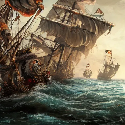 Image similar to mer people attacking a pirate ship, trending on artstation, ultra fine detailed, hyper detailed, hd, concept art, digital painting