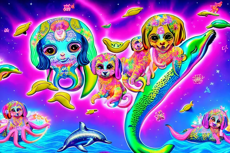 Prompt: lisa frank illustration of rebulon the cute ancient demon made of puppies and dolphins, by lisa frank, masterpiece concept art, 8 k, intricate detail, cinematic lighting, epic pose, bright colors