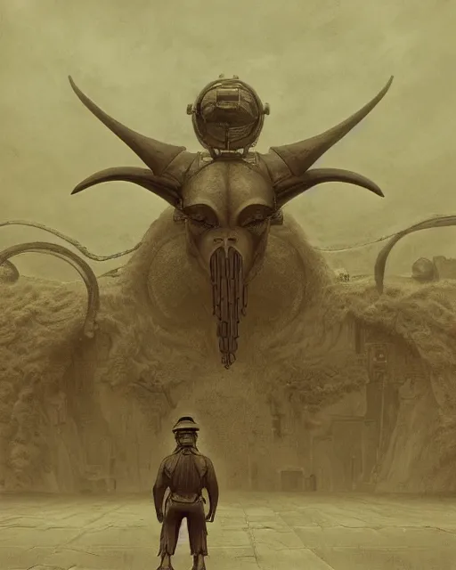 Image similar to dieselpunk baphomet in town, vintage old, sepia, retrofuturism sci - fi old movie, highly detailed, photorealistic, 8 k, by beksinski and stalenhag