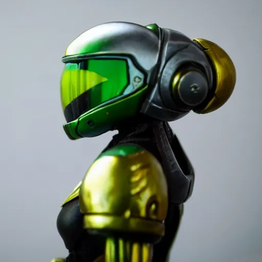 Prompt: helmet portrait of a figurine of samus aran's varia suit from the sci - fi nintendo videogame metroid. shallow depth of field. suit of armor.