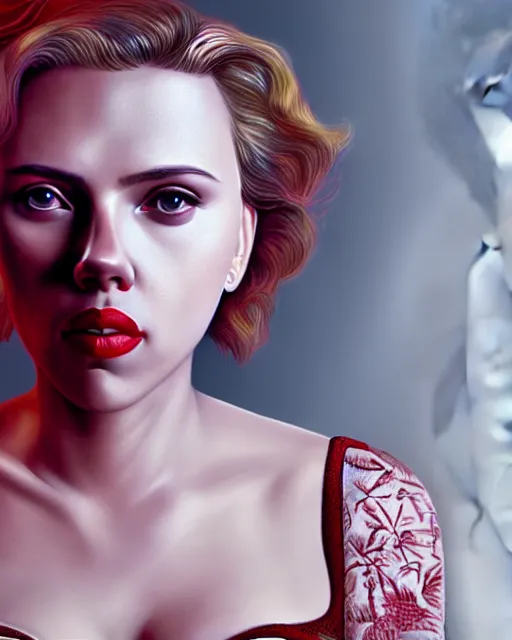 Prompt: highly detailed vfx portrait of scarlett johansson, red lipstick, global illumination, detailed and intricate environment by james jean