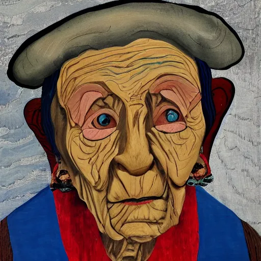 Image similar to painting of a wrinkled old woman, appalachian folk art