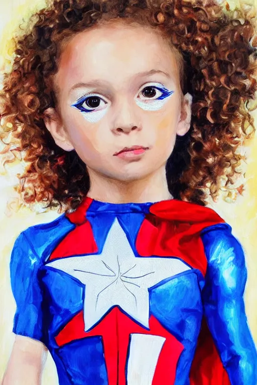 Image similar to a little girl with a mischievous face and light brown curly wavy hair. she is dressed as captain america, spider - man, batman, captain marvel, a superhero. clean elegant painting, beautiful detailed face.