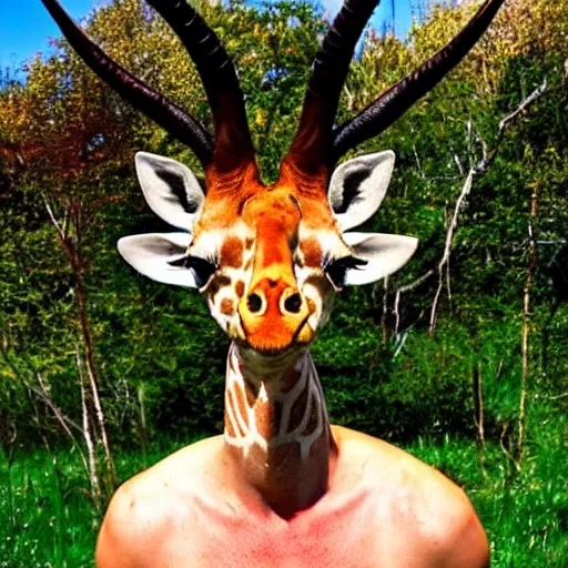 Prompt: photo of a beautiful giraffe with horns in a colorful meadow tom of finland style