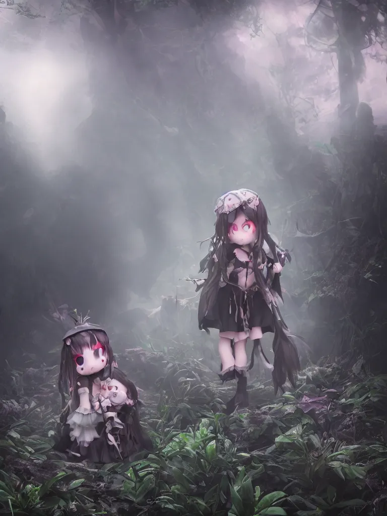 Prompt: cute fumo plush of a frail cursed witch girl wandering the depths of the forbidden jungle, gothic wraith maiden, wispy smoke and volumetric fog, beyond the mirror, filmic, symmetric beauty, vignette, vray