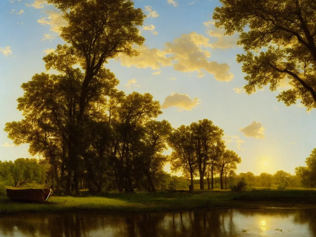 Image similar to a beautiful mississippi landscape, springtime morning, by george caleb bingham \, oil on canvas, luminism, hyperrealism