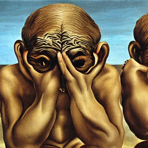 Prompt: the three wise monkeys painted by Salvador Dalí